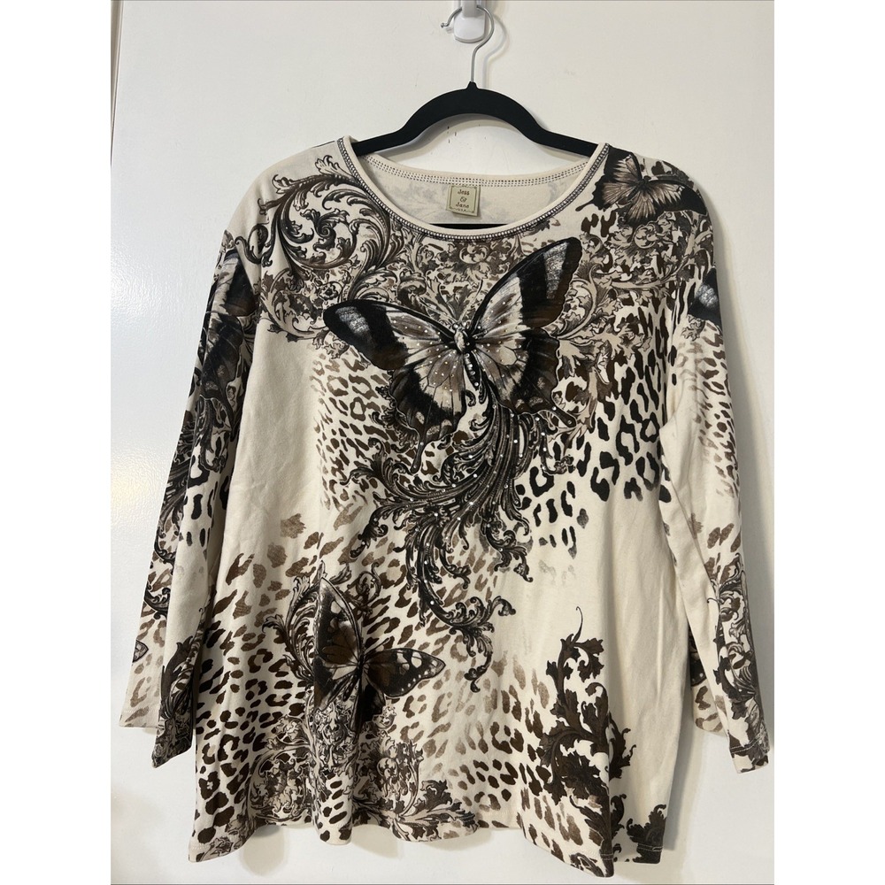 Jess And Jane Top  Rhinestone‎ Butterfly Art All Over Print Long Sleeve Brown